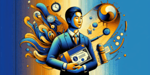 A vibrant, high-contrast illustration of a Korean person confidently holding a glowing paycheck, surrounded by floating icons of clocks, calendars, and legal documents. The background features a bold gradient of blue and gold, symbolizing clarity and opportunity. Minimalist composition, emotionally charged with a sense of empowerment and determination.