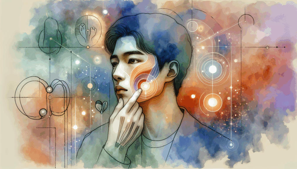 A vibrant, high-contrast illustration of a Korean person gently holding their jaw with a concerned expression, surrounded by soft glowing lights symbolizing healing. The background features minimalist abstract shapes in cool blue and warm orange, evoking a sense of hope and relief. Symbolic elements like a small muscle diagram and a calming hand gesture subtly hint at the topic. Emotion: empathy and reassurance.