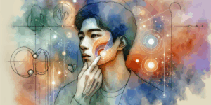 A vibrant, high-contrast illustration of a Korean person gently holding their jaw with a concerned expression, surrounded by soft glowing lights symbolizing healing. The background features minimalist abstract shapes in cool blue and warm orange, evoking a sense of hope and relief. Symbolic elements like a small muscle diagram and a calming hand gesture subtly hint at the topic. Emotion: empathy and reassurance.
