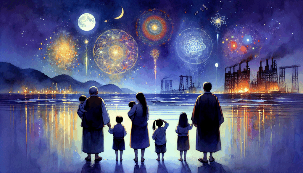 A vibrant and symbolic illustration of a Korean family standing together on a beach at night, gazing up at a sky filled with multicolored fireworks and glowing drone lights. The background features silhouettes of the Pohang coastline and the city’s iconic steelworks, with high contrast between the dark night and vivid bursts of light. Minimalist composition, emotionally charged with a sense of wonder and togetherness.