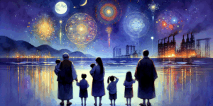 A vibrant and symbolic illustration of a Korean family standing together on a beach at night, gazing up at a sky filled with multicolored fireworks and glowing drone lights. The background features silhouettes of the Pohang coastline and the city’s iconic steelworks, with high contrast between the dark night and vivid bursts of light. Minimalist composition, emotionally charged with a sense of wonder and togetherness.